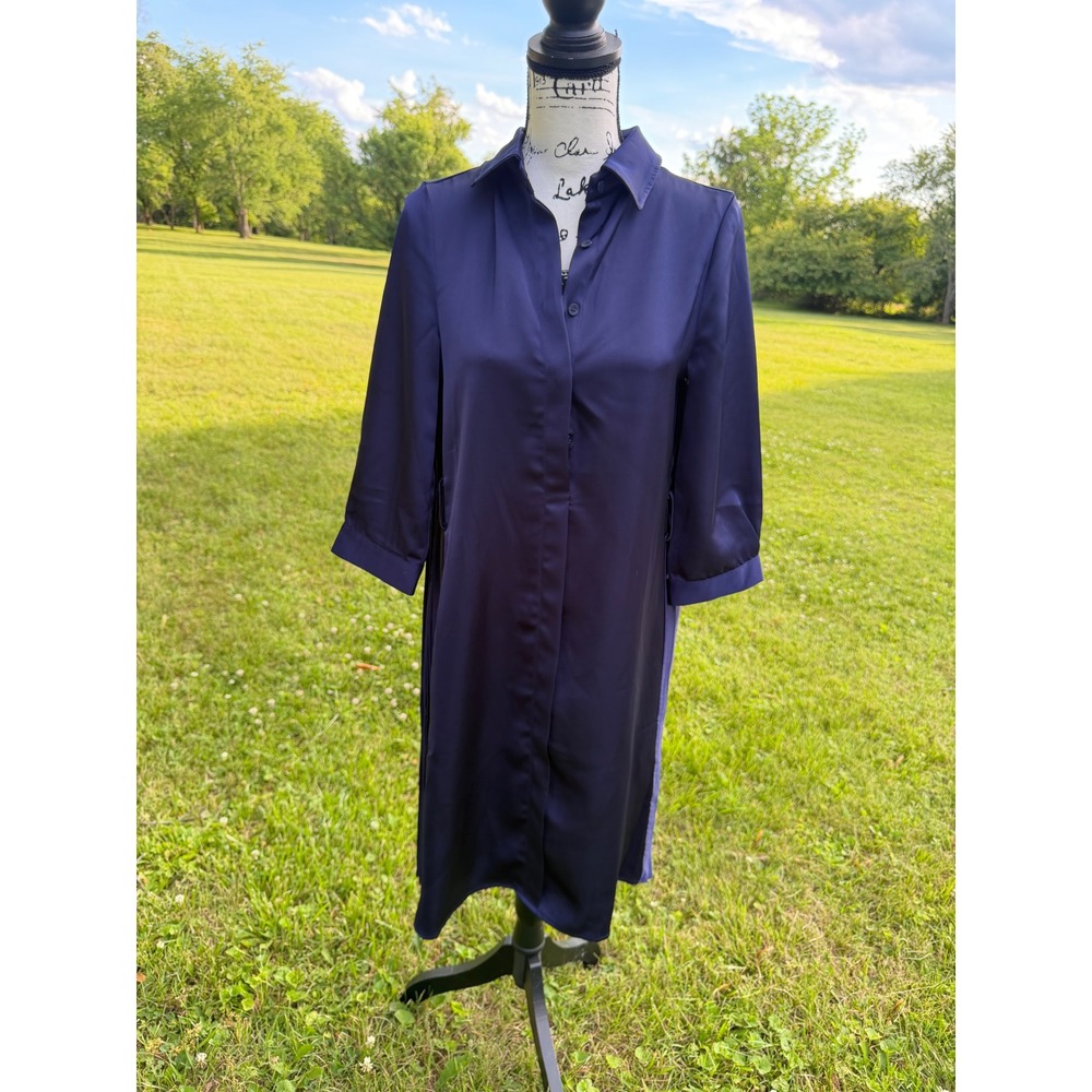 Aleeza Paris Navy Blue Satin Pleated Back Shirt Dress Womens Small 3/4 Sleeve